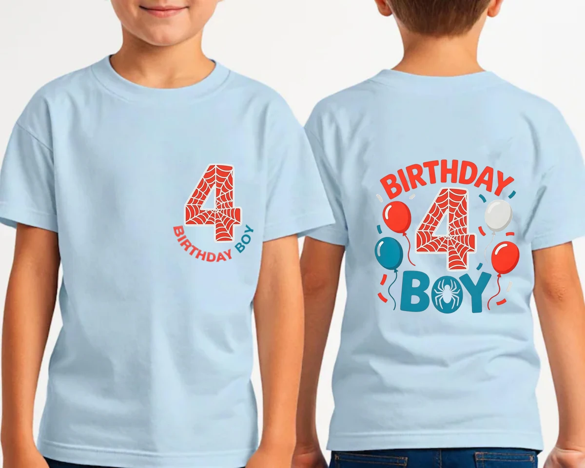 Personalized Name boys T-shirt, Funny front and back Red Spider Web Colorful Balloon  Birthday Number Print kids party T-shirt