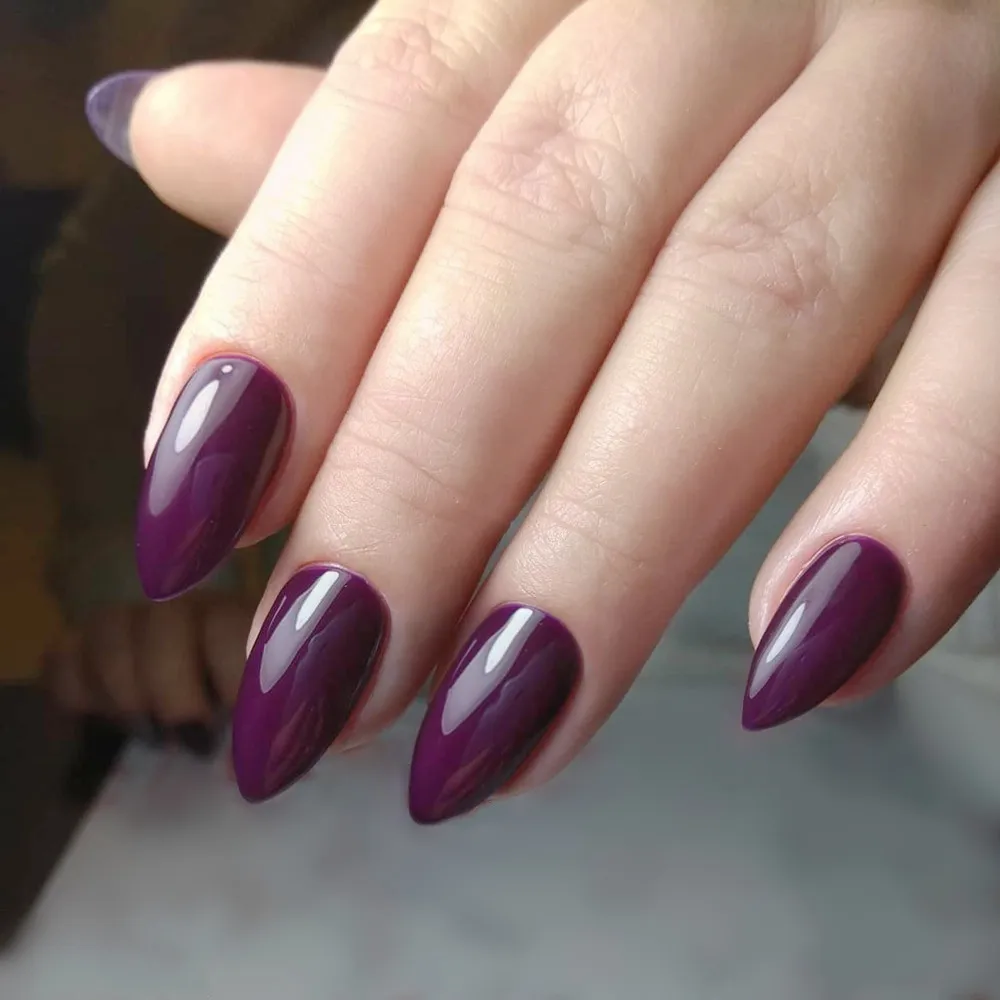

2 Sets Short Stiletto False Nail With Glue Sticker Shiny Dark Purple Press On Nails DIY Acrylic Finger Tip Manicure Tool