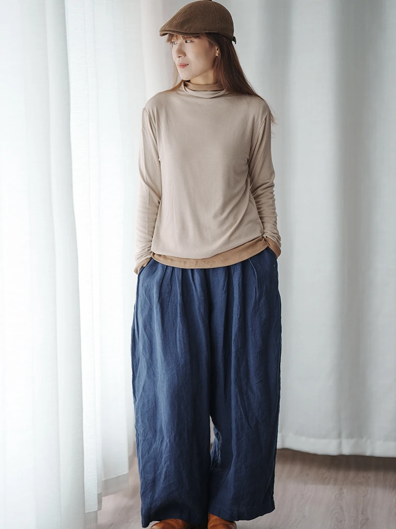 

Женская свободная футболка из чистого хлопка с длинным рукавом, базовый слой, с высоким воротником, мягкая на ощупь, удлиненная, для повседневной носки