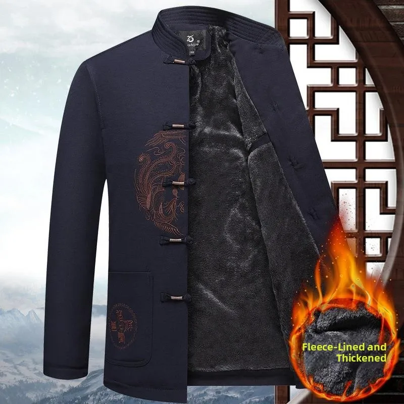 

Мужская фланелевая верхняя одежда с вышивкой Thiened, хлопковая одежда для среднего возраста и ли, осенне-зимняя традиционная китайская одежда...