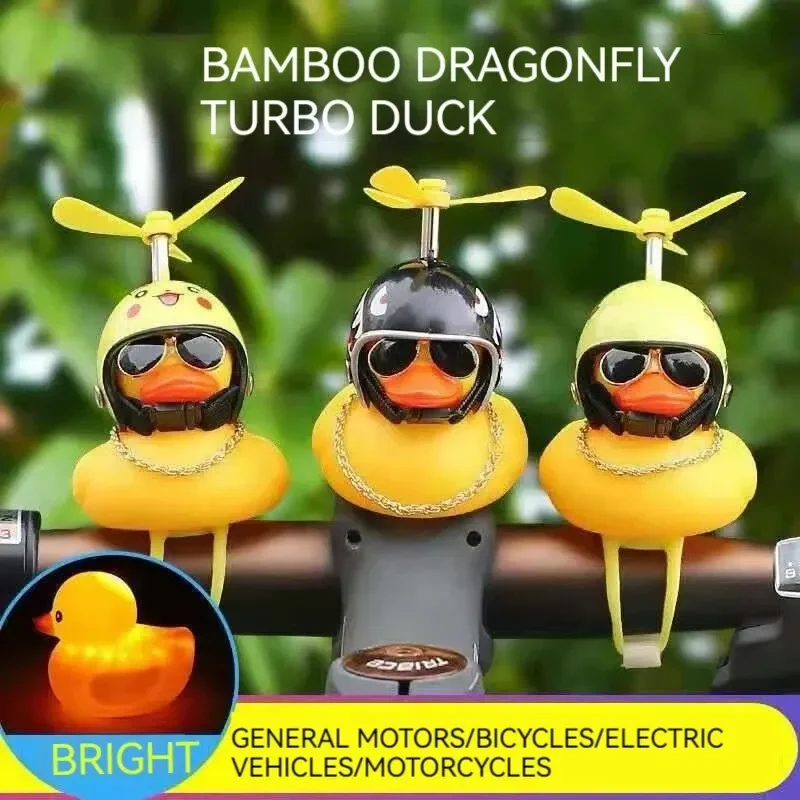 Yellow Rubber Duck Handlebar Ornament Toy with Propeller Helmet with Lights Cute Ducky Motorcycle Riding Faucet Decoration