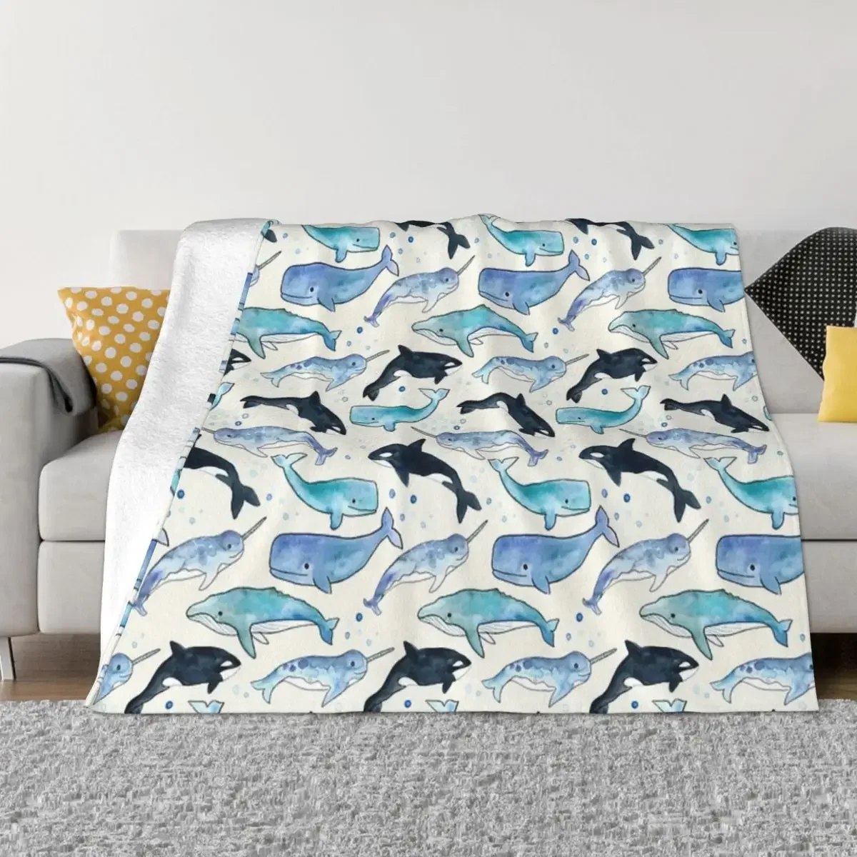 

Whales Orcas & Narwhals Small Size Flannel Throw Blanket for Couch Sofa Bed Plaid Blanket Cozy Fuzzy Soft Lightweight Blankets