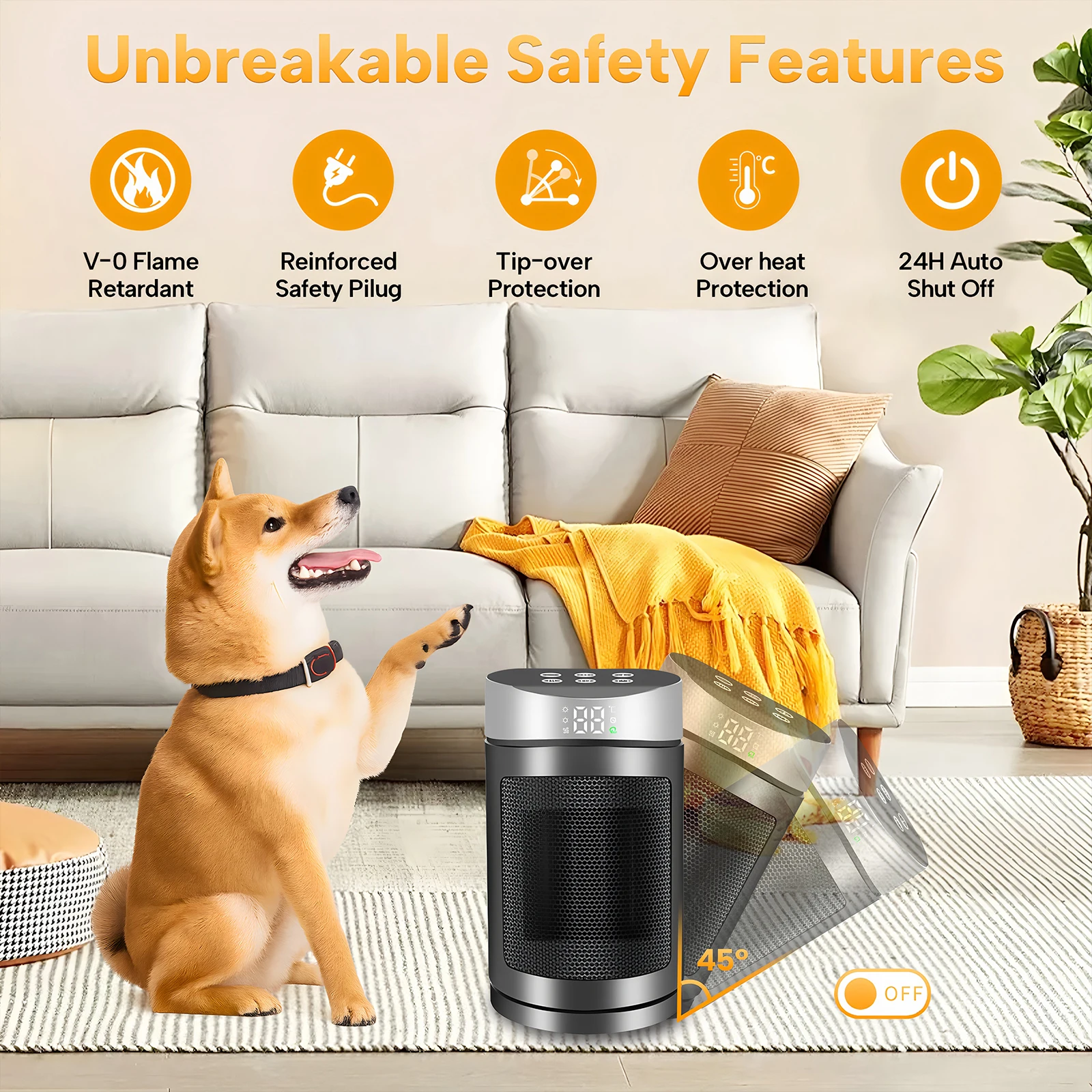 Portable Heater 90° Oscillation 1500W PTC Ceramic Electric Heaters Adjustable Thermostat with Remote 4 Levels for Easy Transport