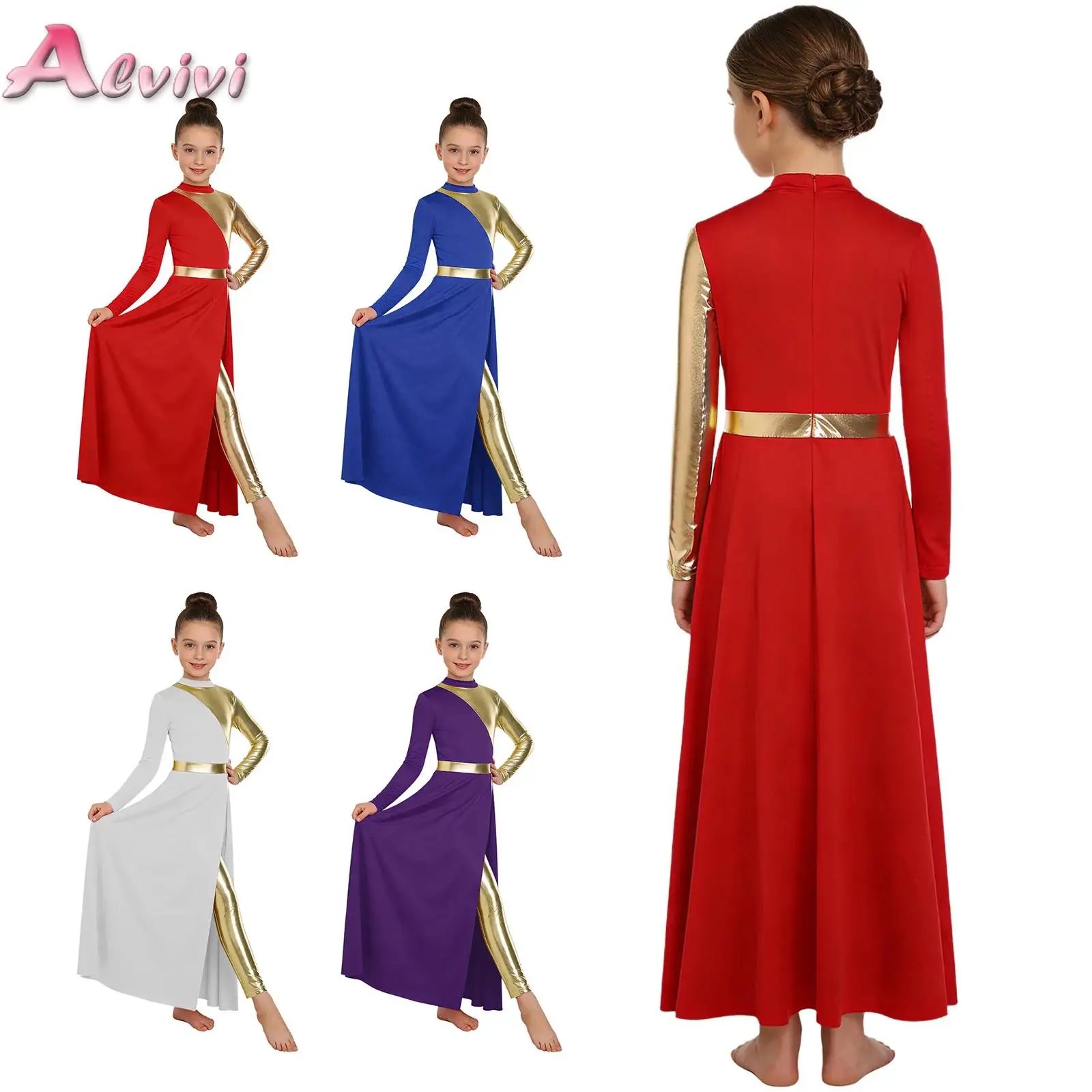 Fotografia 3: Vestido de Dança de Louvor para Meninas, com Mangas Compridas, Comprimento até o Tornozelo, Estilo Color Block, com Leggings Integradas, para Coro de Igreja