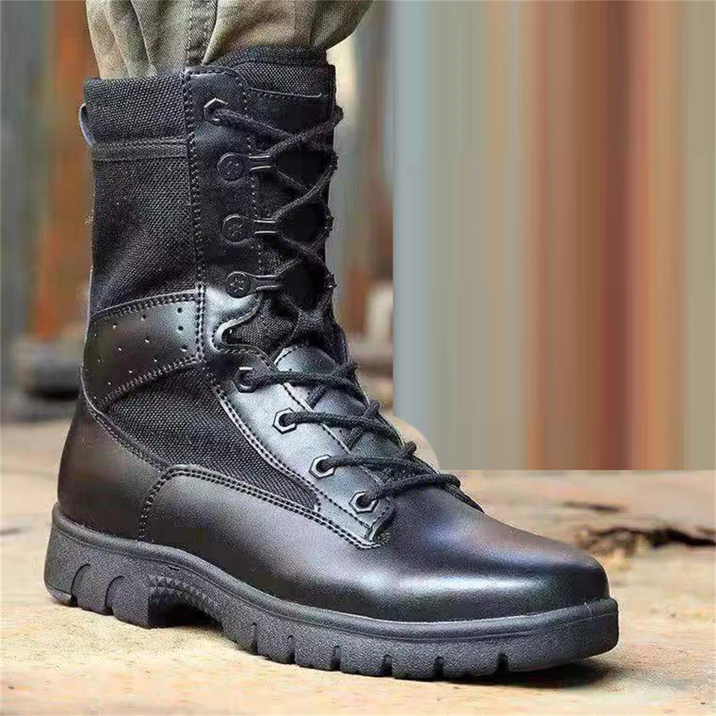 4 Seasons High Top Black Leather Boots Men\'s Outdoor Hiking Hunting Shoes Waterproof Breathable Training Breathable Desert Boots