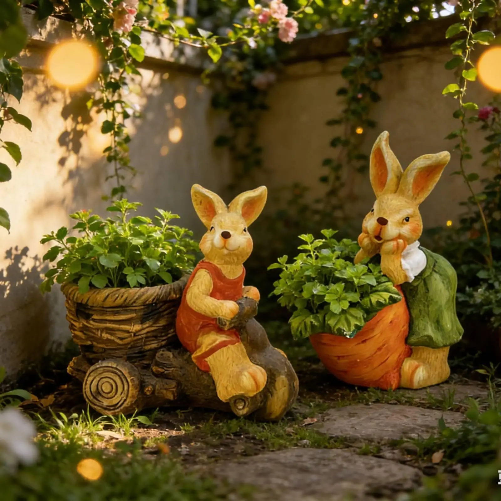 Garden Pots and Planters Decorative Flower Pots Oxide Bunny Hare Carrot and Log Design Cute Plant Pot Outdoor Decor
