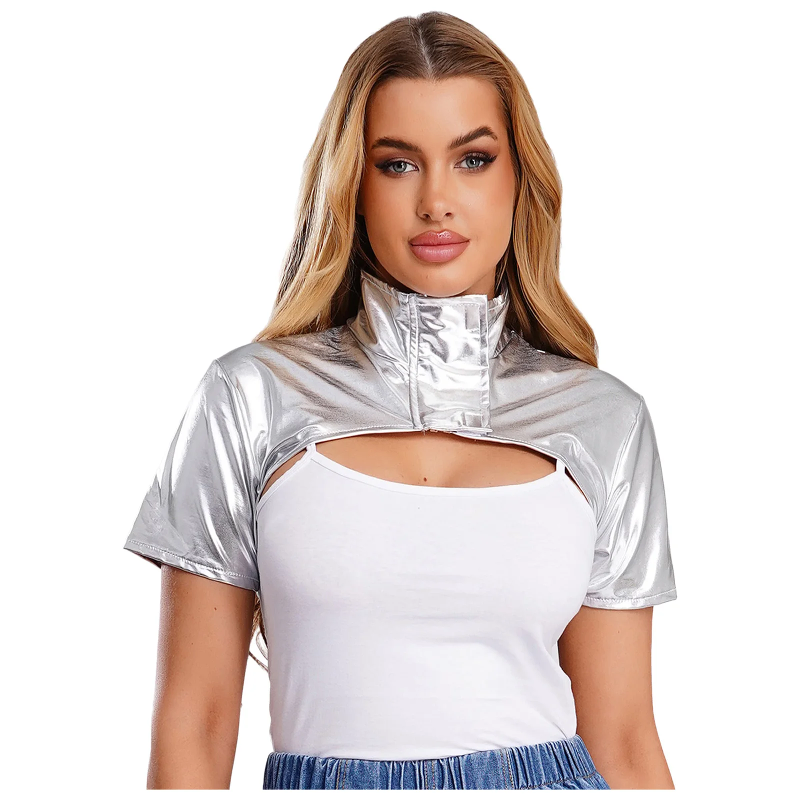 

Womens Jazz Hip-hop Dance Crop Top with Oversleeves/Brooch Holographic Metallic Pullover T-shirt Top Music Festival Disco Outfit