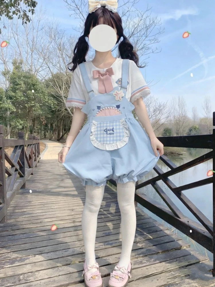 Sweet Lolita Kawaii Blue White Pink 2 Piece Set Lace Ruffle Bow Plaid Pocket Shark Bloomers Overalls For Teen Girls Daily Wear view 2