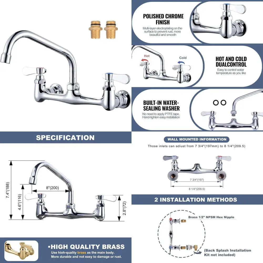 

8 Swivel Spout Wall Mount Dual Handle Kitchen Faucet, Chrome Finish, for Utility Sinks in Laundry & Restaurant