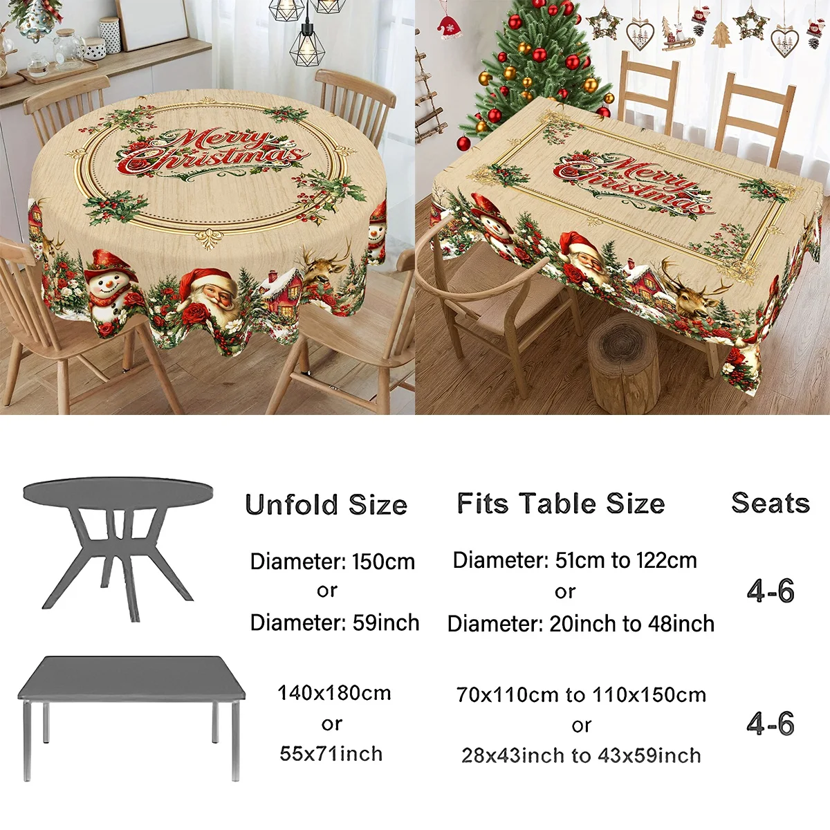 1pc Rectangular/Round Christmas Tablecloth Santa Poinsettia Polyester Table Cover Christmas Decor for Home New Year Table Decor