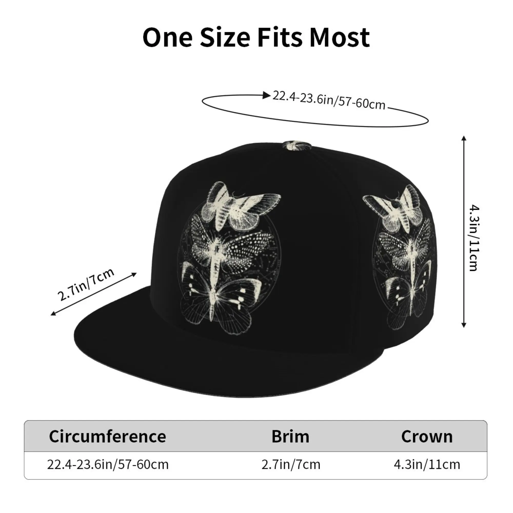 Gothic Moth Flat Bill Snapback Hat Baseball Cap Hip Hop Adjustable Print One Size Sports Travel Dancing Caps for Men