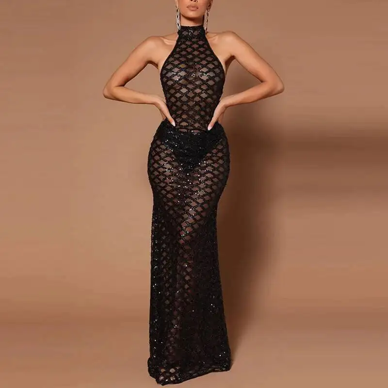 فستان نسائي نحيف هالتر مسائي مثير أنيق شبكي ترتر كامل الطول للحفلات أنيق بدون ظهر لامع