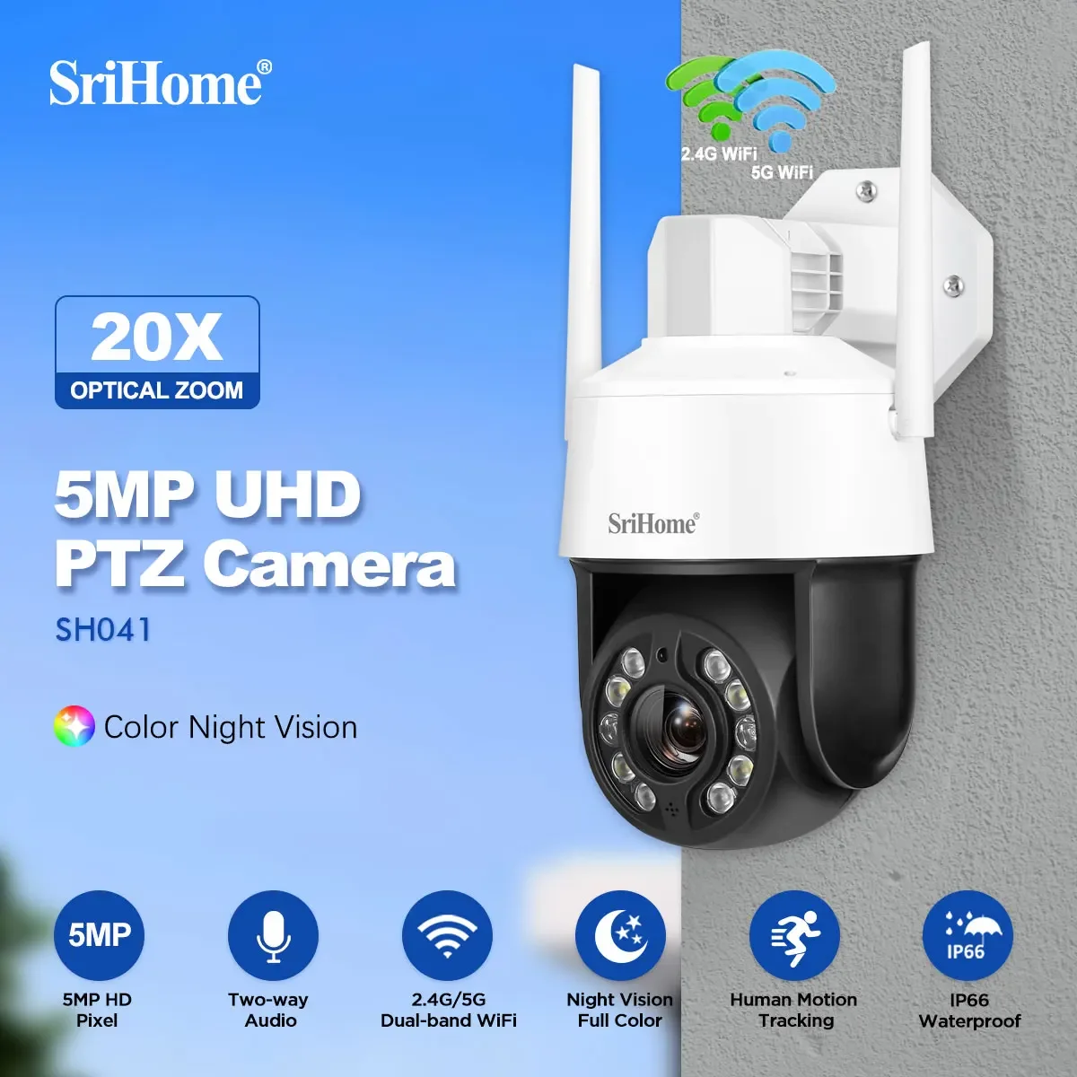 Srihome 5MP 20X WiFi PTZ Camera Smart Color Night Vision IP66 Outdoor Security 360° Coverage Smart Auto Tracking SH041 CCTV Cams
