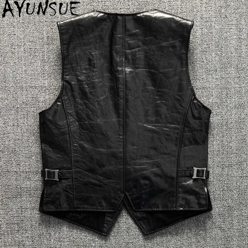 AYUNSUE Men's Leather Vest Vegetable Tanned Top Layer Goatskin Motorcycle Genuine Leather Jacket of Man Windproof Waistcoat 가죽점퍼