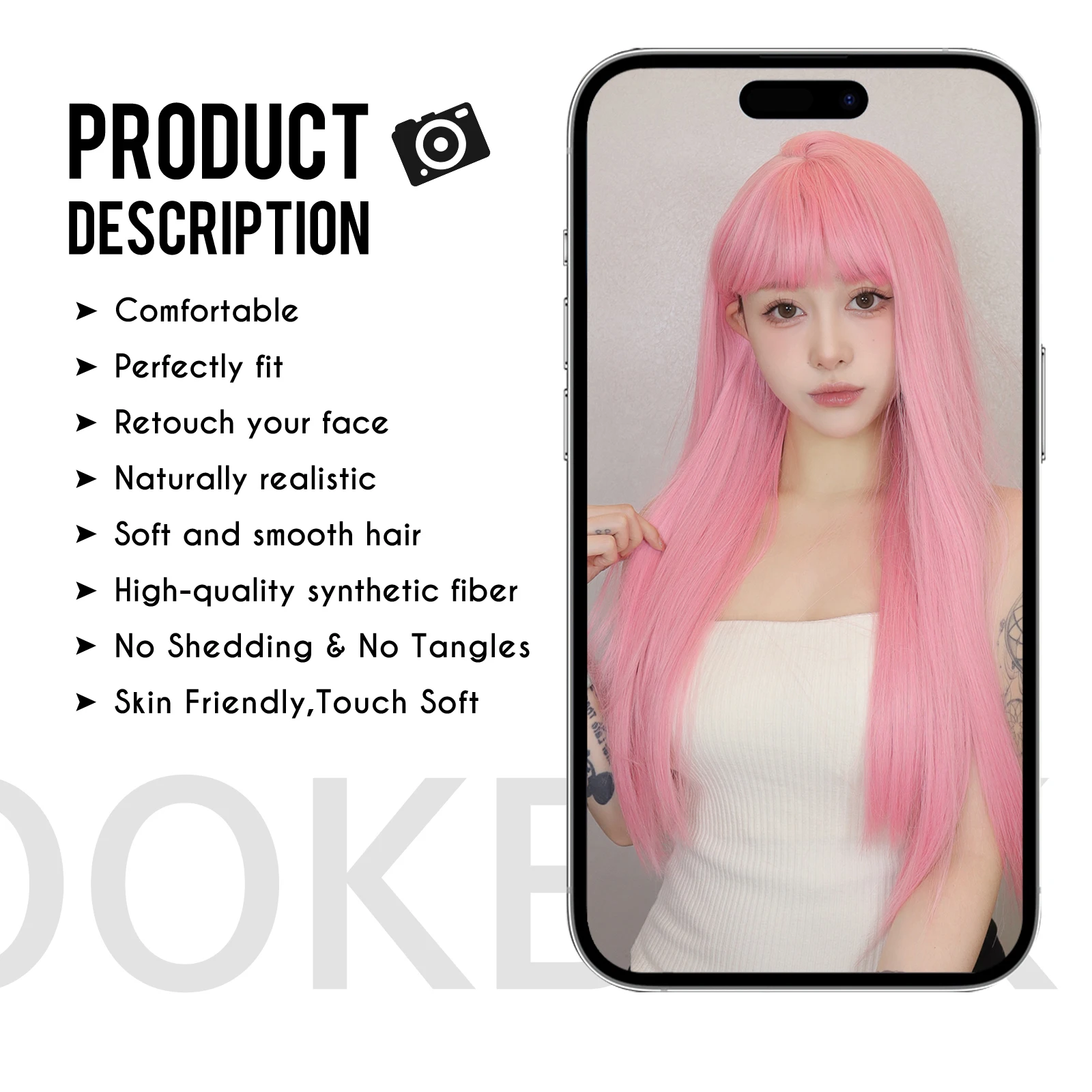 Perruque Synthétique Longue Lisse Rose avec Frange pour Femme, Cosplay, Cheveux Naturels, Lolita, Degré de Chaleur, ix, 03/Faux Cheveux