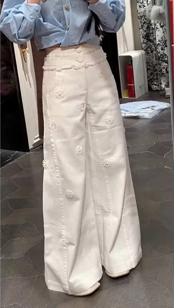 Y2k calças de perna larga femininas francês suave margarida bordado cintura alta branco perna reta jeans primavera outono novo estilo