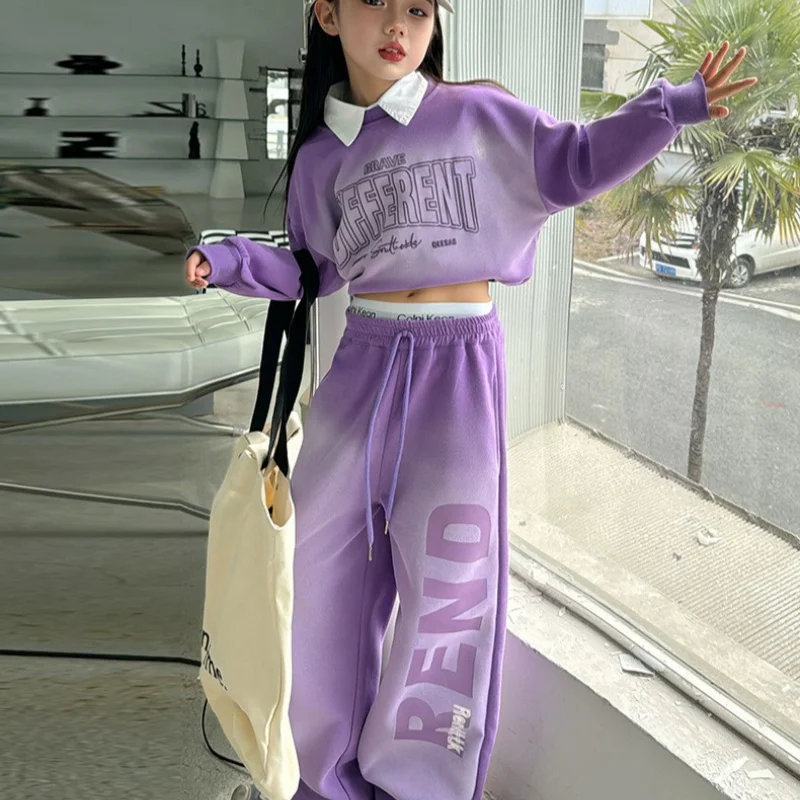 Girls Sweatshirts +Pants Kids Suits 2PCS/Set Cotton 2024 Violet Spring Autumn Cotton Tracksuit Sport Suits Children Clothing