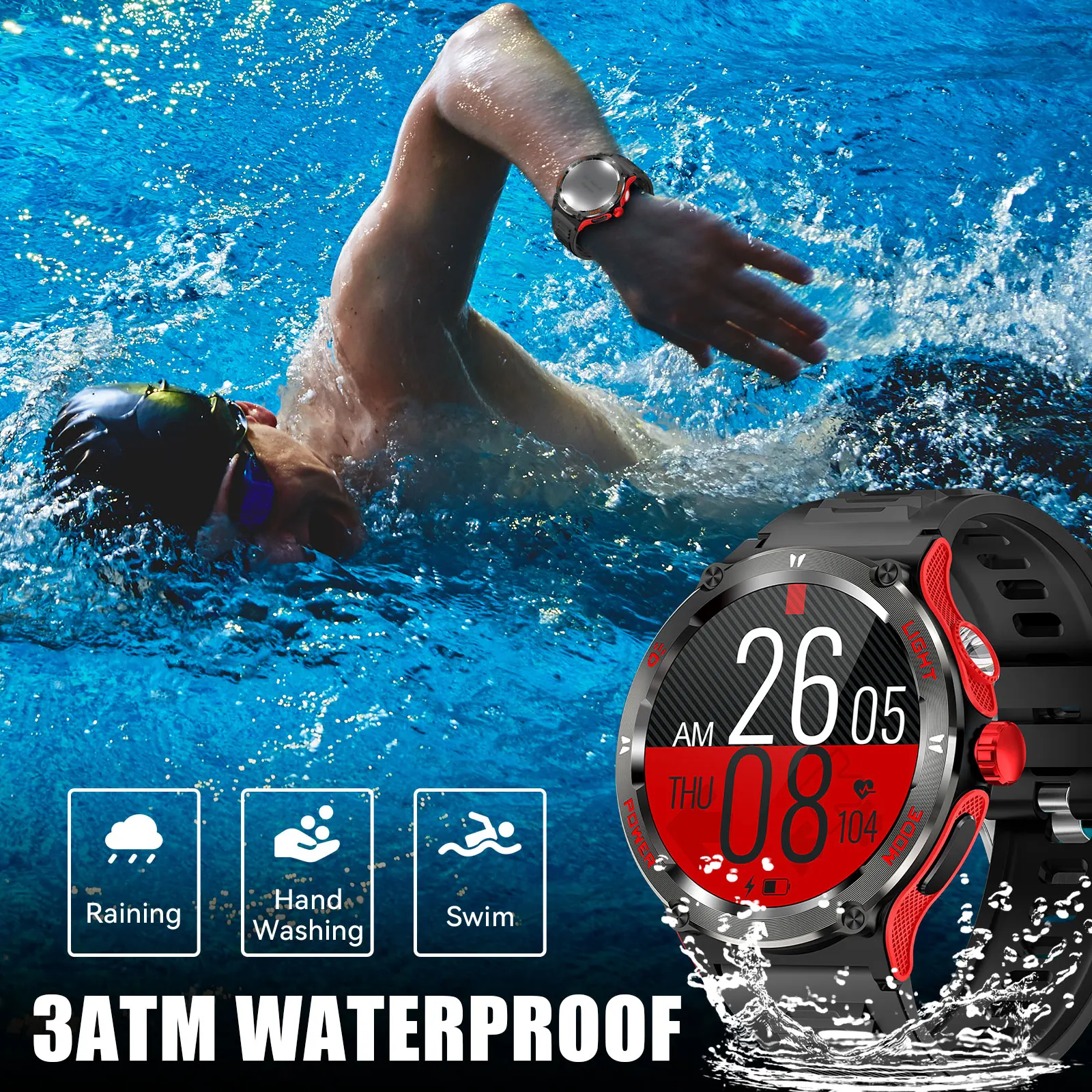 JELLOO New Smart Watch for Men with LED Flashlight Bluetooth Calling 1.53"HD Outdoor Compass Smartwatch Heart Rate Sleep Monitor