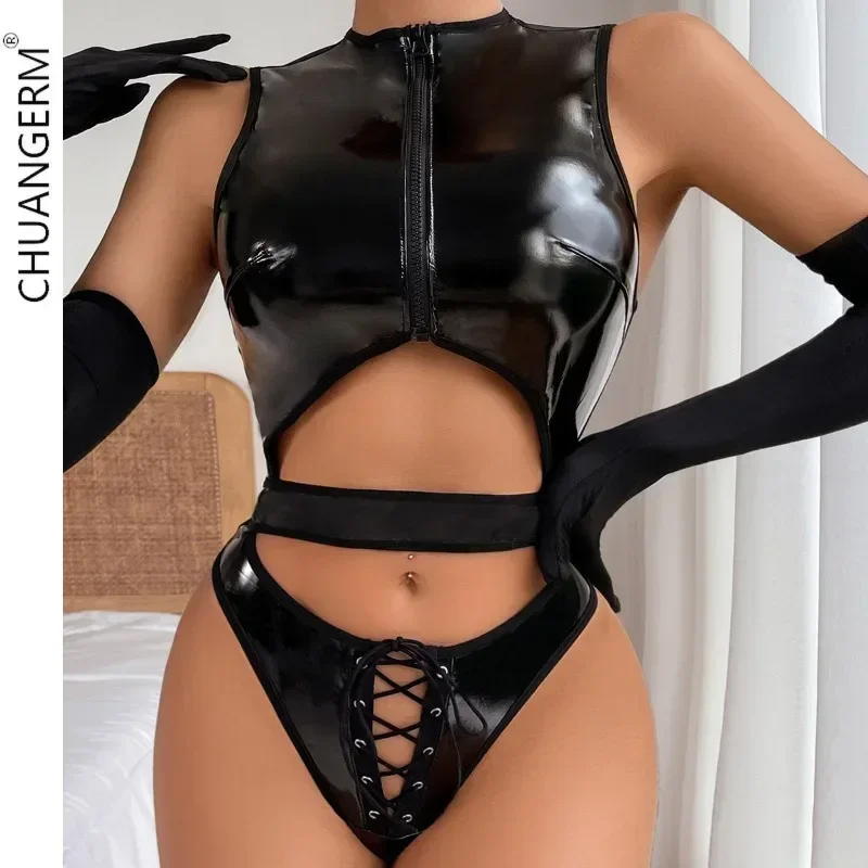 

CHUANGERM Sexy Lingerie Women's Shiny Glossy Patent Leather Zipper Open Chest Tight Gloves Sensual Intimate Underwear Set Kit