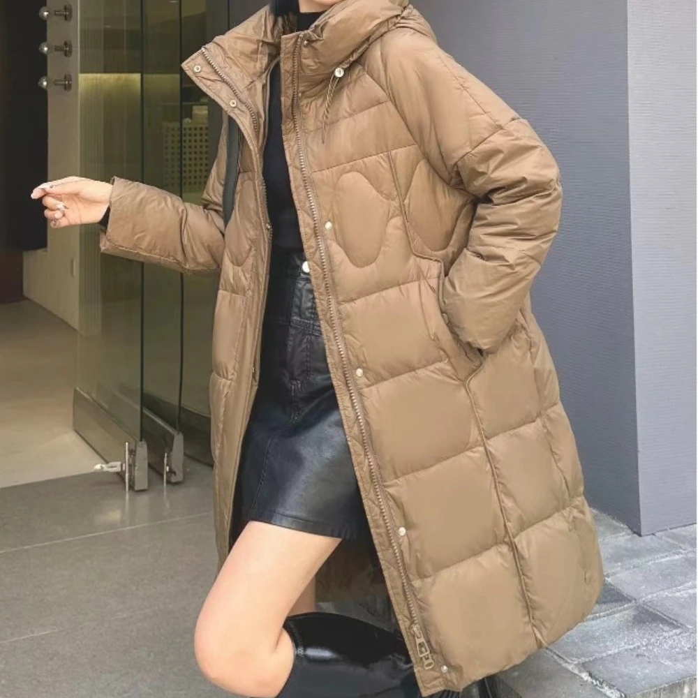 

New Hooded Mid-length Thickened Warm Puffer Jacket Winter Fluffy Parker Clothing Women Fashion White Duck Down Coat Lady