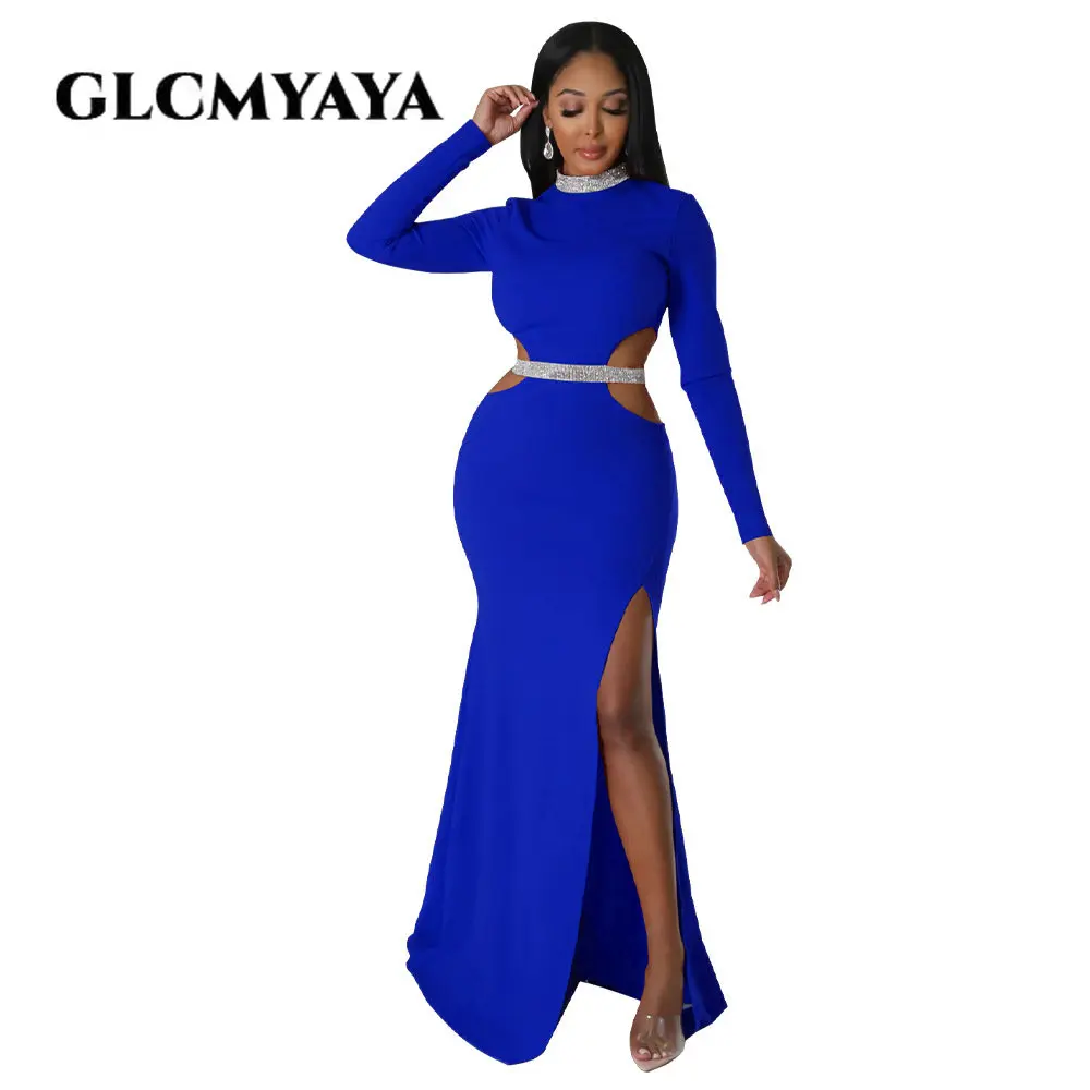 GLCMYAYA Nữ Cutout Eo Độ Bên Cao Xẻ Tay Dài Đầm Maxi Dài Đầm Thời Trang Thu Đông Bodycon Áo Vestidos