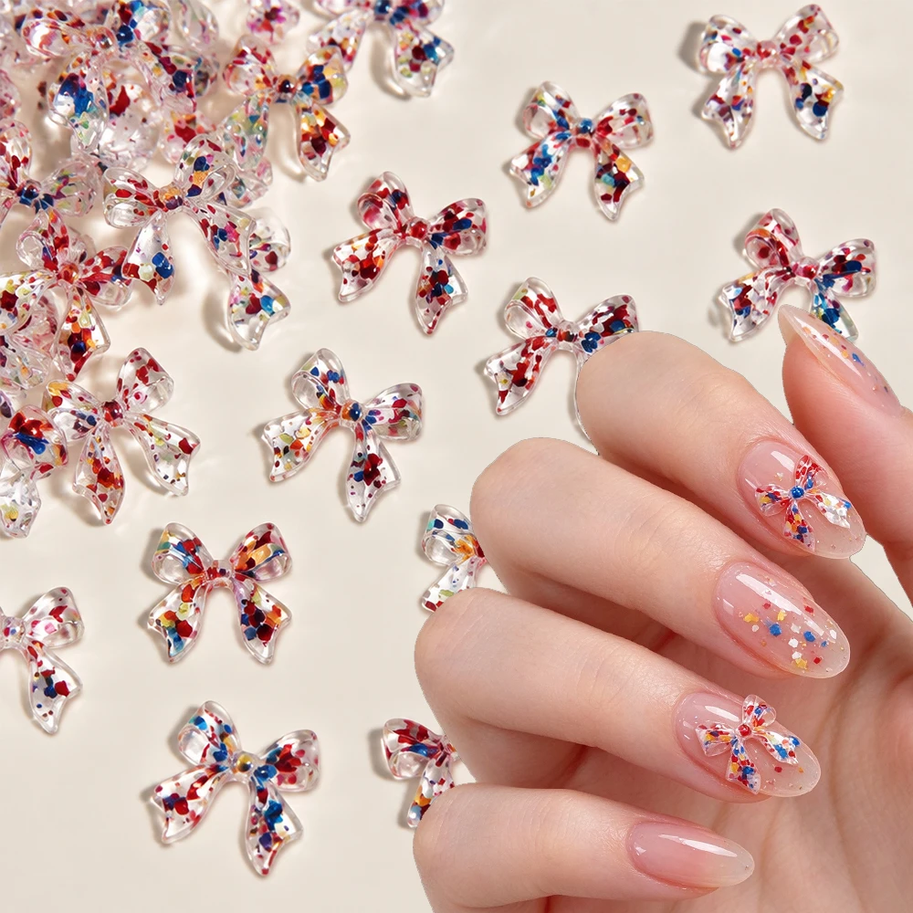 50pcs Irregular Sequins Clear Resin Bowknot Nail Charms Candy Color Glitter Ribbon Bow 3D Nail Decoration Cute Bow Accessories