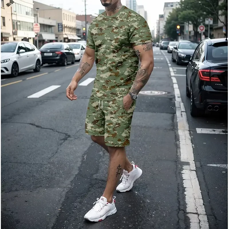 Men Shorts Set Casual Camouflage Two Piece Outfit Summer Short Sleeve 3D Printed Running Travel Outdoor Clothing For Male