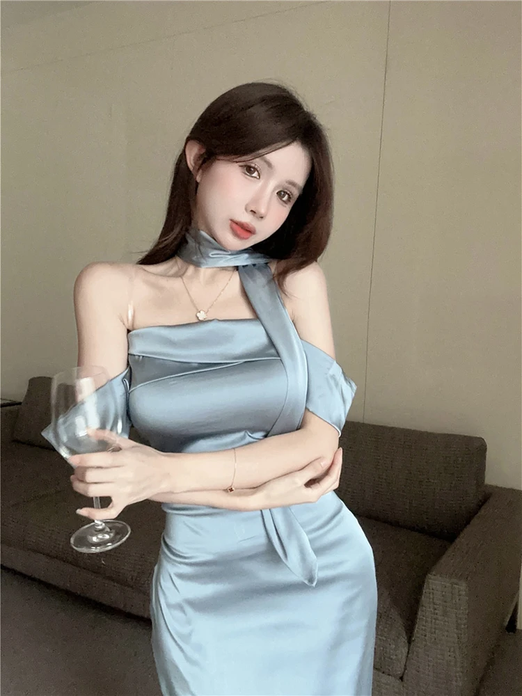 Satin Halter Sleeveless Transparent Slip Solid Zip Up Elegant Sexy Maxi Prom Dress Summer Women Wedding Party Vestido Outfit