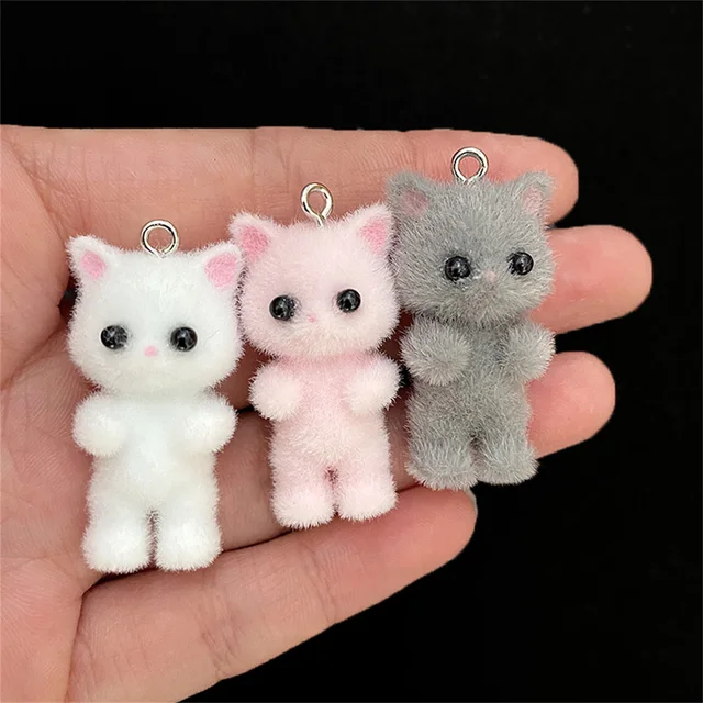 2-częściowe flokowane wisiorki Kawaii Cat Animal Chamrs na brelok do kluczy naszyjnik wisiorek DIY rzemiosło tworzenia biżuterii 3.2x1.8cm