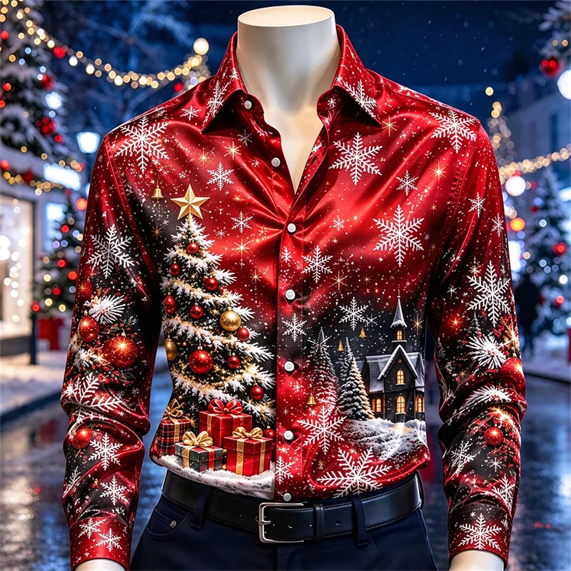 New men's shirt with red and black Christmas tree, snow scenery, snowflake hanging ball print, slim fit shirt