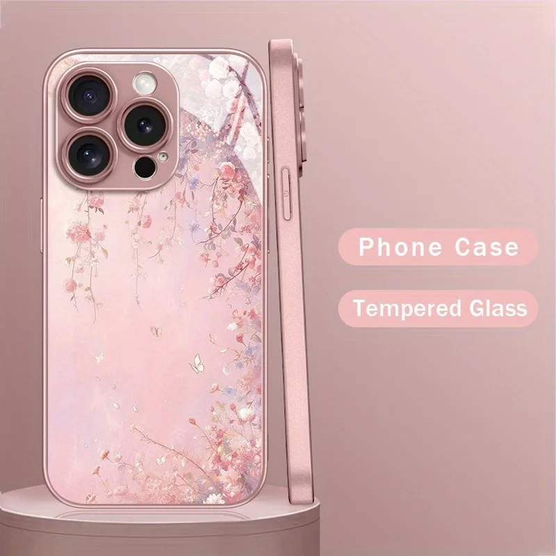

Oil Painting Pink Flowers Metallic Paint Tempered Glass Phone Case For iPhone 11 12 13 14 15 16 17 Pro Max Plus 16E 17Air Cover