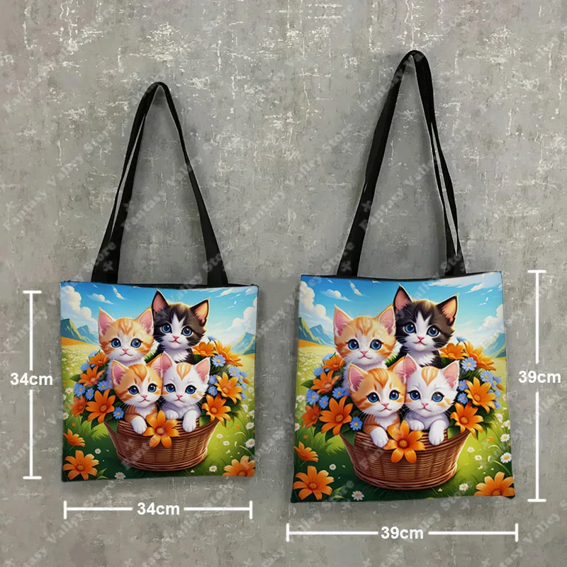 Cartoon Flower Cat Print Tote Bags Cute Kitten Cats Baby Women Handbag Shoulder Bag Large Capacity Storage Bags Grocery Bag Gift