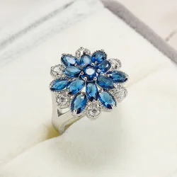 New Female Jewelry Silver Color Hollow-out Blue Flower Big Zircon Stone Ring For Women Bridal Wedding Band Ring Bijoux