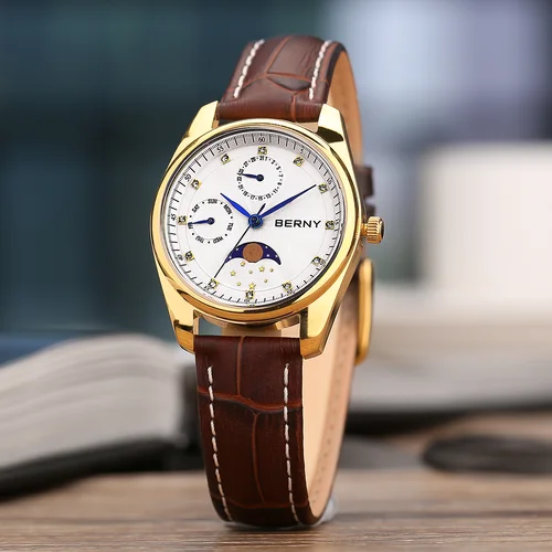 BERNY pareja reloj de cuarzo fase lunar día fecha calendario hombres reloj de pulsera de cuero hombres/mujeres vestido reloj MIYOTA 6P20 relojes de regalo
