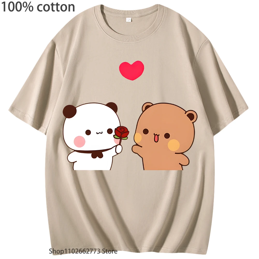 Bubu Is Giving Rose To Dudu T-Shirts Kawaii Panda and Bear Tshirt 100% Cotton Soft Tees Women Clothing Y2k Top Kpop Casual Men
