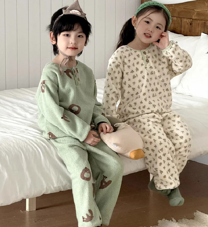 2026 Children's Fleece Clothing Sets Boys Girls Floral Print Home Suits Long Sleeve Pajamas Velvet Outfits Kids Thermal Pajamas 2
