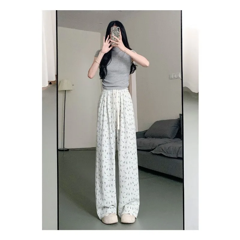 Calças florais de pernas largas para mulheres na primavera verão finas macias para a pele soltas versáteis casuais