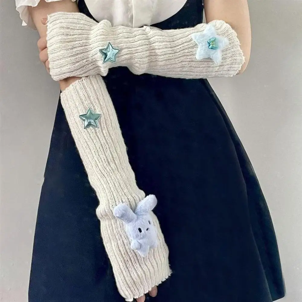 Manicotto da braccio in maglia da donna Y2k Star Rabbit Guanti senza dita Manicotto da braccio lavorato a maglia caldo invernale Guanti da polso lunghi Guanti punk gotici