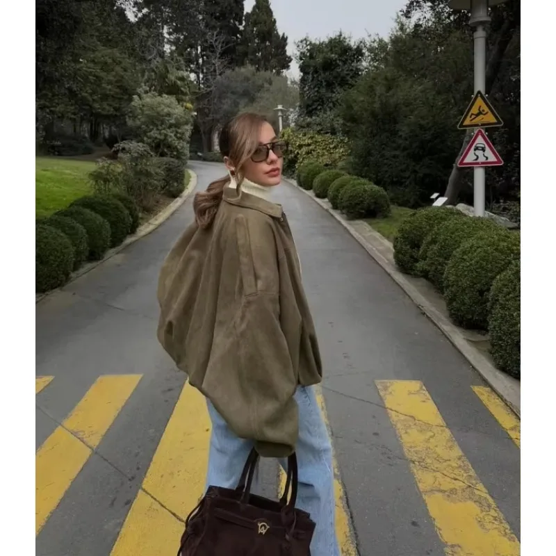 

2025Новая осенне-зимняя однотонная женская куртка для отдыха, пальто на молнии с длинным рукавом, элегантная свободная женская верхняя одежда