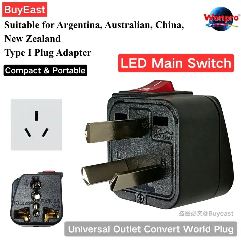 Wonpro WSA-16 Power Plug Adapter With Main Switch Compatible With Agentina, AU NZ China Plug AC 250V 10A
