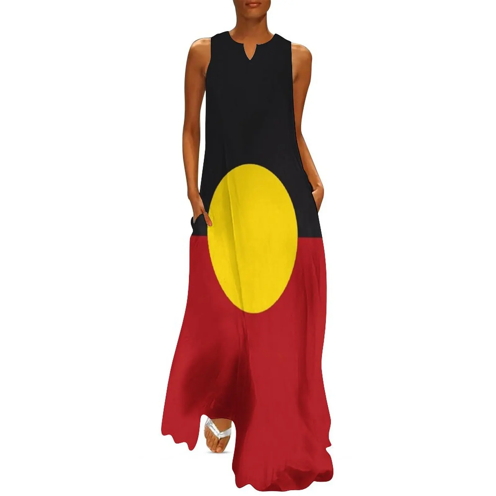 

Australian Aboriginal Flag black red with a yellow Sun giver of life and protector HD High Quality Long Dress Summer skirt Dress