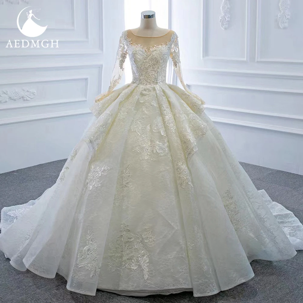 Aedmgh Ball Gown Ruffles Wedding Dresses O-Neck Long Sleeve Vestido De Novia Lace Appliques Princess Custom Made Bridal Gown