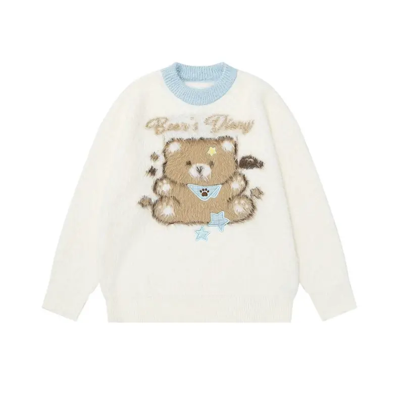 New Lovely Students Girls Oversized Faux Mink Fur Sweater Cute Bear Pattern Crew Neck Fluffy Knit Jumper Japanese Y2K Winter Top