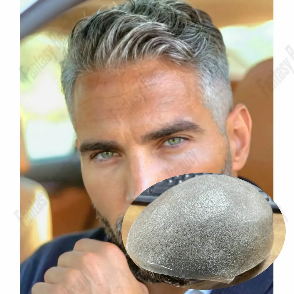 Invisible Hairline V-Loop 0.02mm Ultra Thin Skin Base Men's Capillary Prosthesis550# 1b50Grey Brown Human Hair System Men Toupee