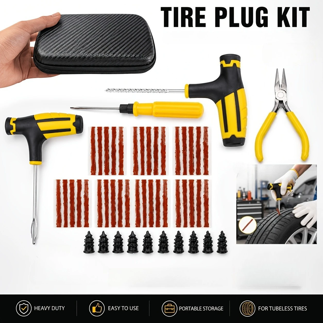 All-in-One Tyre Repair Kit for Car SUV Motorcycle ATV Truck Trailer, T-Handle Reamer Plugger Pliers, Repair Strips