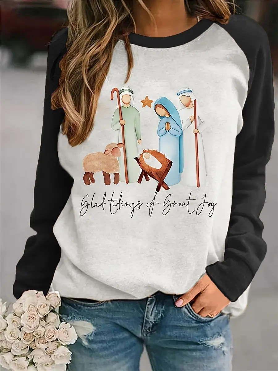 2024 sweatshirt cotton round neck casual Harajuku hip-hop trend fit suitable for women, Christmas pattern sweatshirt big snowman