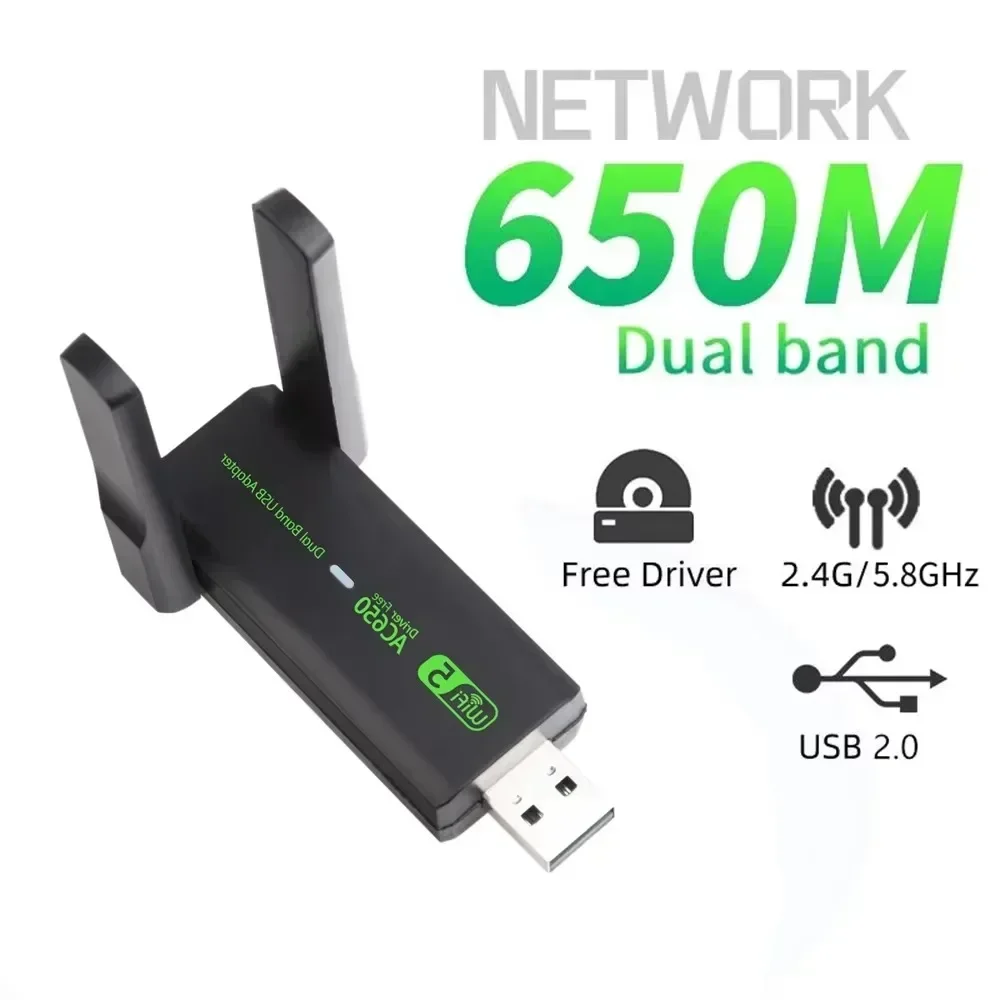 

650 Мбит/с USB-адаптер Wi-Fi ПК Мини-компьютер 600 Мбит/с Приемник сетевой карты Двухдиапазонный