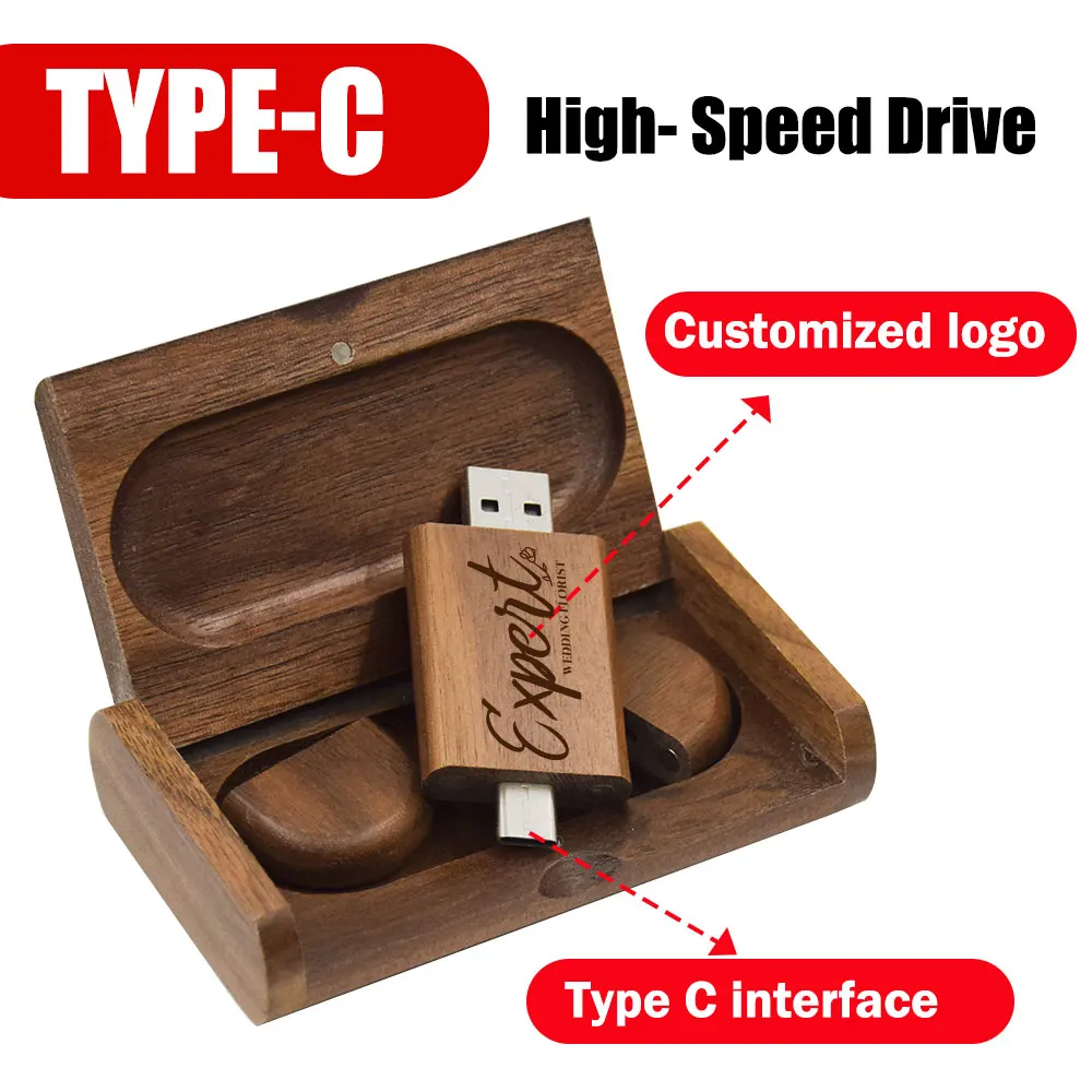10 Buah/Lot USB 2.0 Flash Drive TYPE-C 2 In 1 Memory Stick Kayu Flashdisk 4GB 8GB 16GB 32GB 64GB 128GB Gratis Logo Hadiah Pernikahan