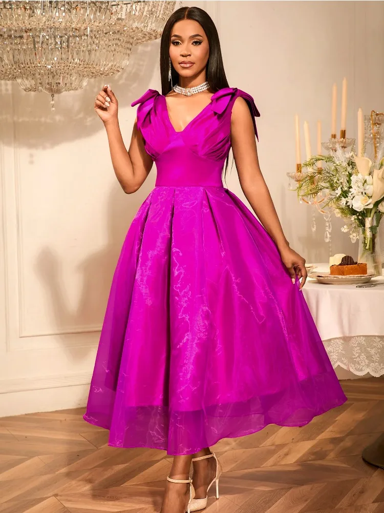 Vestido de verano sin mangas con cuello en V para mujer, hasta el tobillo, ajustado, elegante, plisado, con lazo en la cintura, falda completa, línea A para fiesta Formal de boda