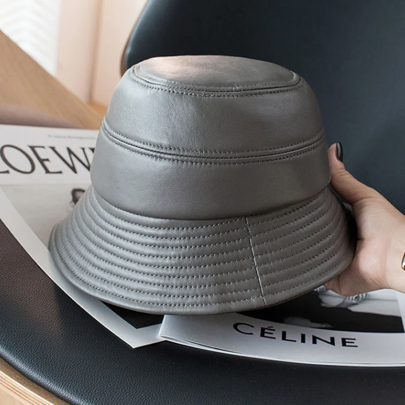 2022 New Bucket Hat Women Big Birm Sun Shade 100% Genuine Leather Fisherman Caps Female Chic Grey Gery Basin Casquette Street